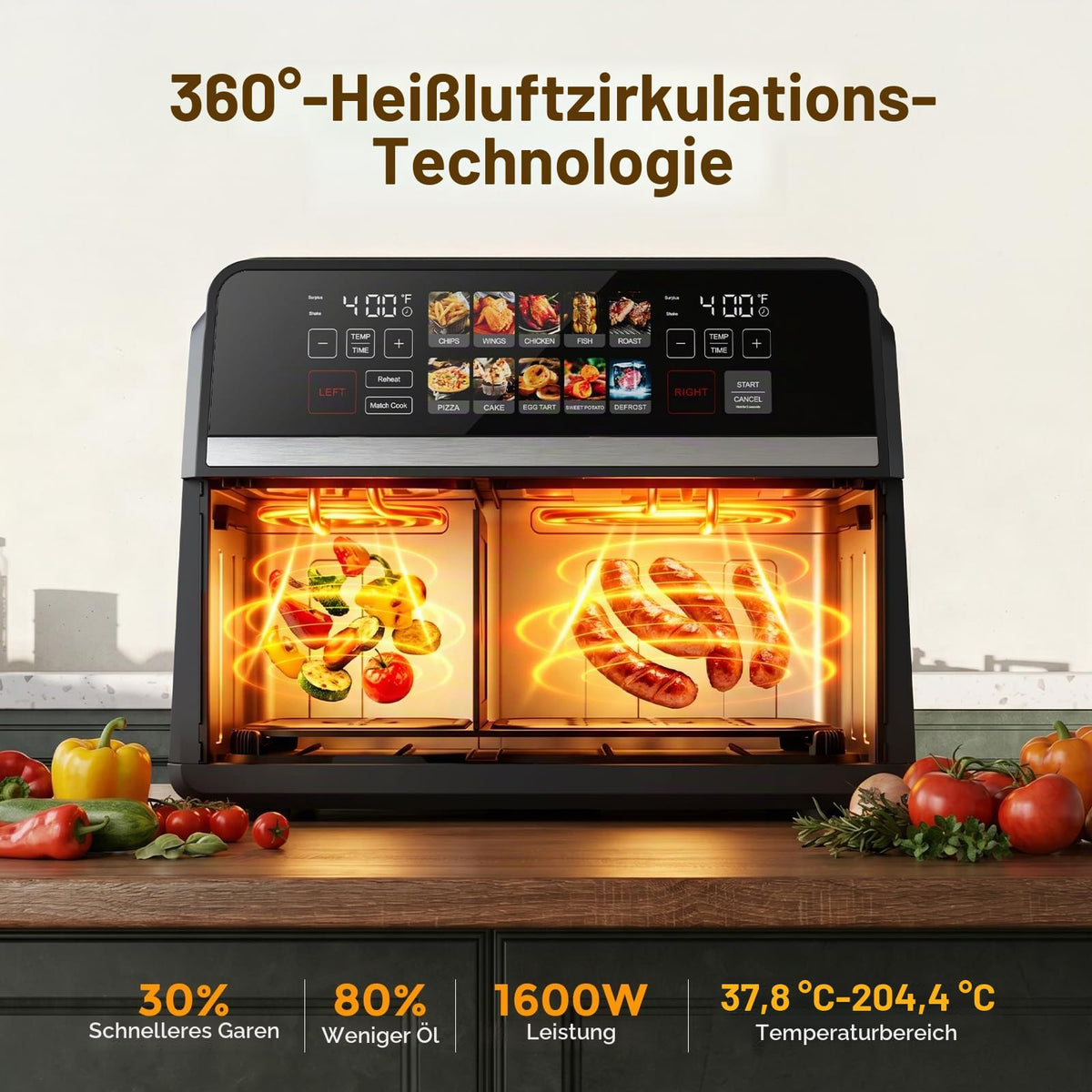 10-in-1 Heißluftfritteuse 10 L mit Dual-Zone, 2500 W, 360° Kochfenster, Farb-Touchscreen, spülmaschinenfeste Teile