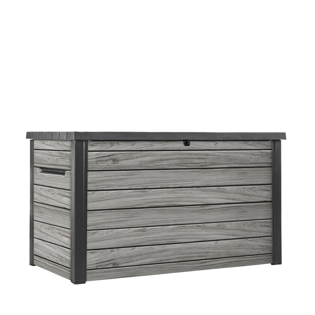Auflagenbox 870 l aus Kunststoff in Holzoptik mit Belüftung Gasdruckfedern abschließbar 147 x 83 x 86 cm