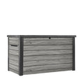 Auflagenbox 870 l aus Kunststoff in Holzoptik mit Belüftung Gasdruckfedern abschließbar 147 x 83 x 86 cm