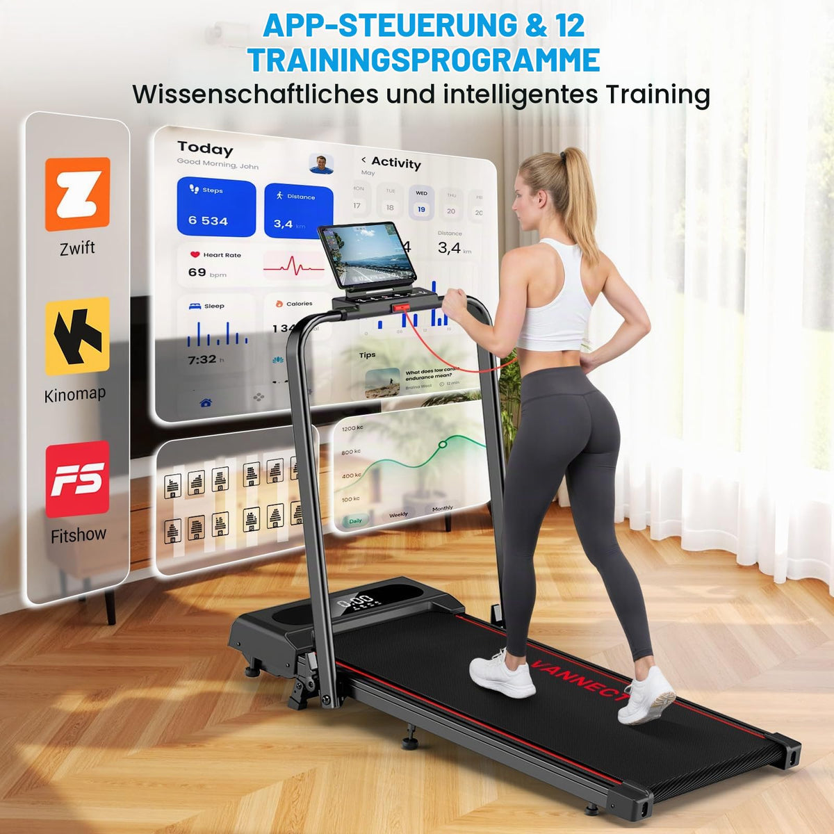 Klappbares Laufband für Zuhause mit 9 % Steigung, 1-12 km/h, 2,75 HP, App und LED-Anzeige, bis 160 kg
