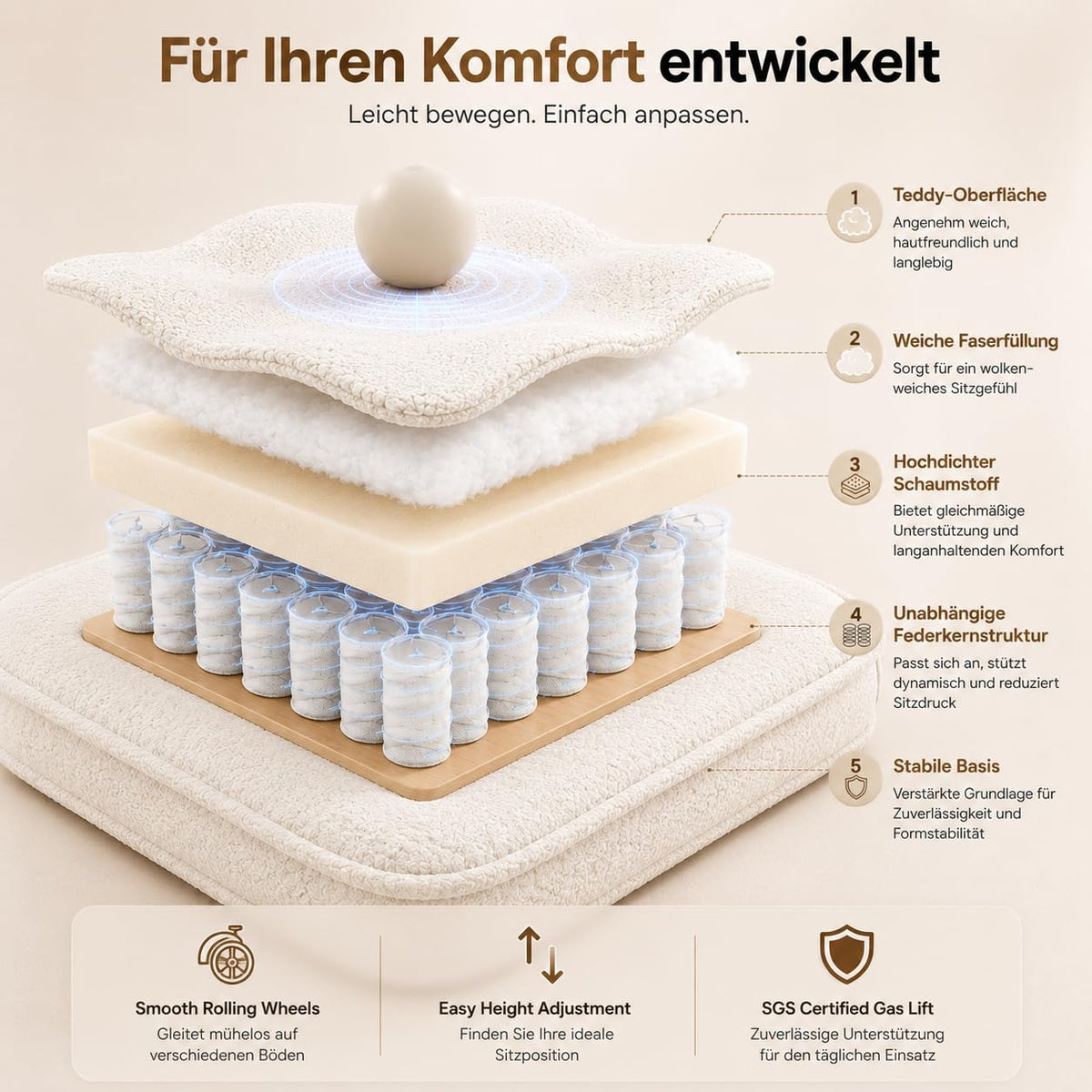 Bürostuhl mit Fußstütze und 135° verstellbarer Rückenlehne, Home Office, Teddy-Stoff