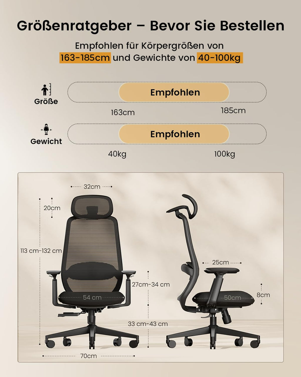Ergonomischer Bürostuhl mit verstellbarer Sitztiefe 3D-Kopfstütze Lendenstütze und verstellbaren Armlehnen Schwarz
