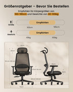 Ergonomischer Bürostuhl mit verstellbarer Sitztiefe 3D-Kopfstütze Lendenstütze und verstellbaren Armlehnen Schwarz