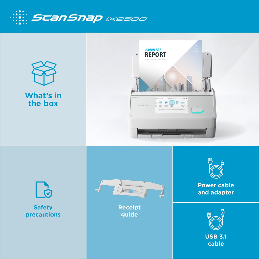 Dokumentenscanner iX2500 A4 mit Duplex-Scan, 45 Seiten pro Minute und 100-Blatt-ADF, 600 dpi, 5-Zoll-Touchscreen, WLAN, Bluetooth und USB 3.2