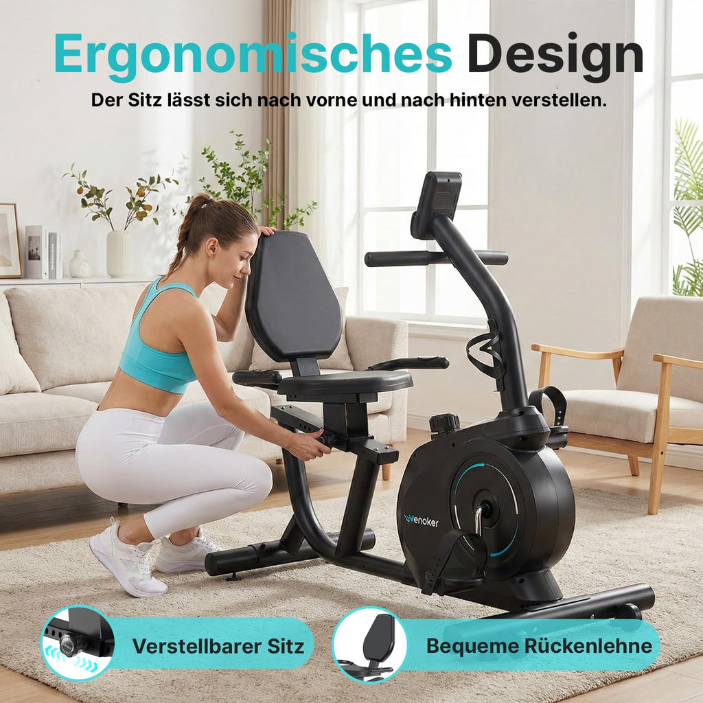 Liegeergometer mit 16 magnetischen Widerstandsstufen und LCD-Anzeige, bis 160 kg, verstellbarer Sitz und Lenker
