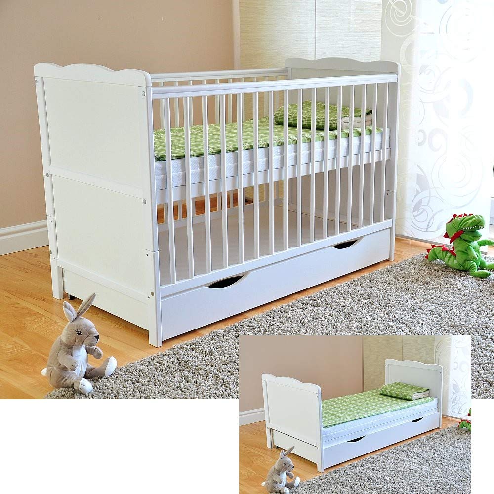 Babybett mit Schublade und Aloe-Vera-Schaumstoffmatratze, höhenverstellbar und umbaubar zum Juniorbett, in Weiß