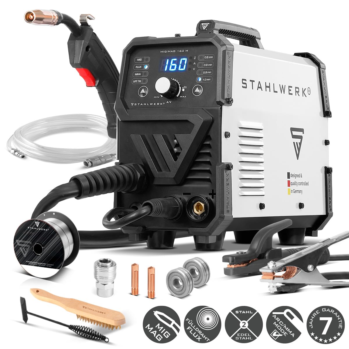 Schutzgasschweißgerät MIG/MAG 160 M 20–160 A 5-in-1 Inverter IGBT Flux MMA DC-Lift-TIG Digitalpanel