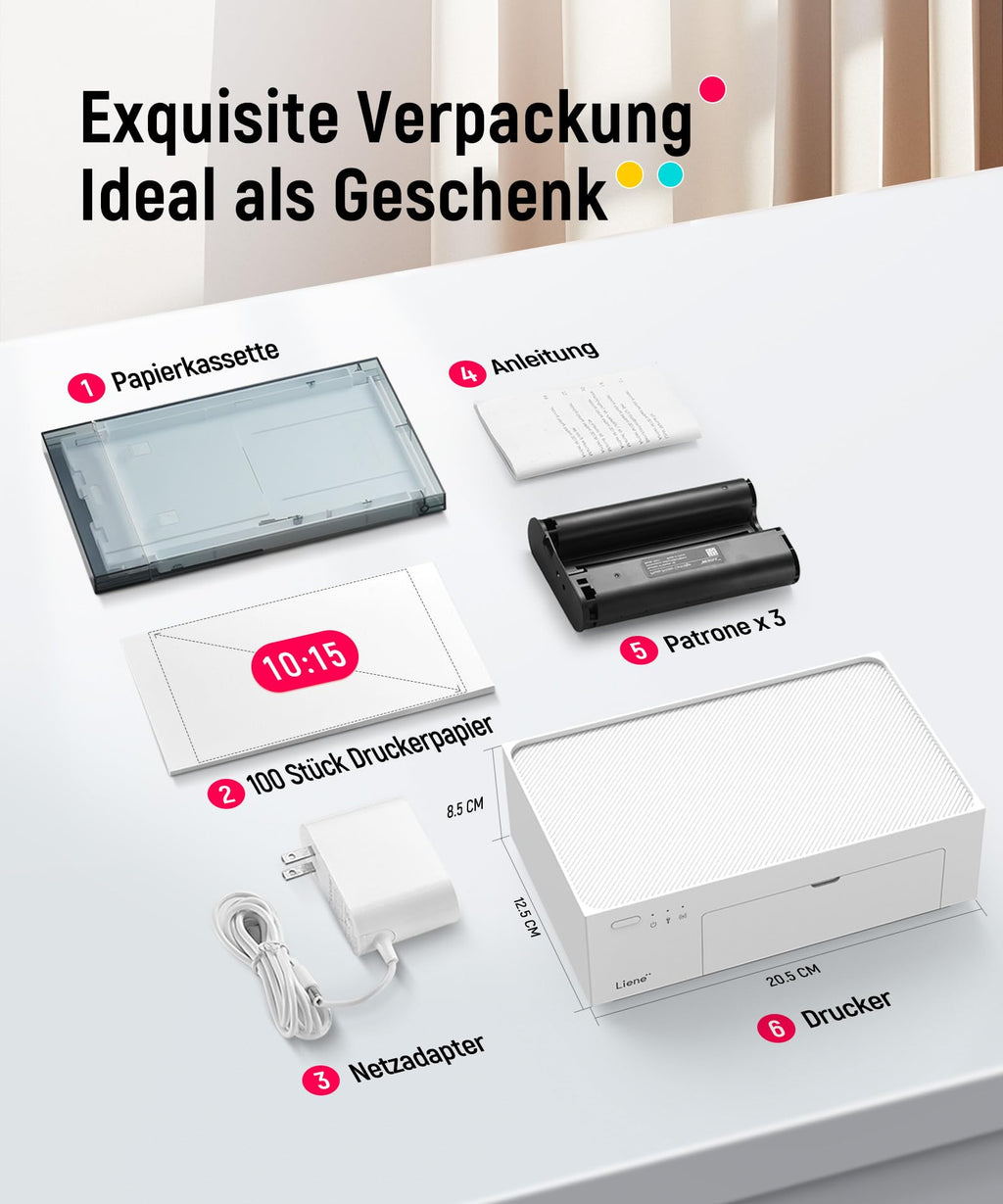 Tragbarer Fotodrucker für Smartphone und PC mit WLAN, 10x15 cm, Farbstoffsublimation, 300 DPI, inkl. 100 Blatt Fotopapier und 3 Patronen