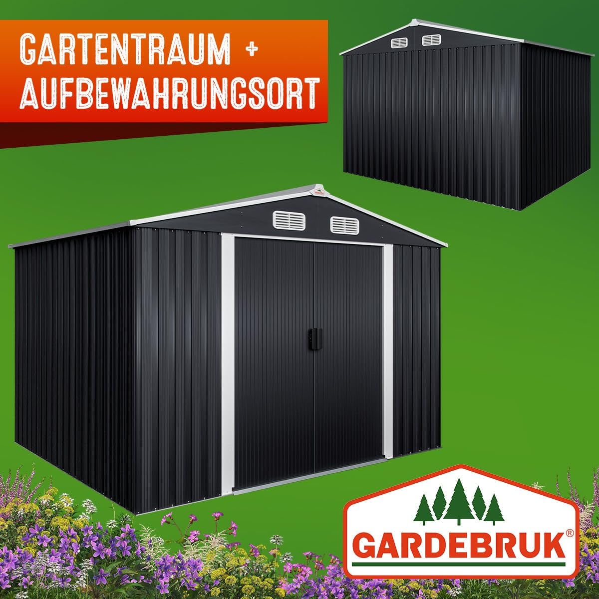 Metall Gerätehaus 260 x 205 x 180 cm mit Fundament Satteldach Schiebetür Belüftungsöffnungen 4 Haken