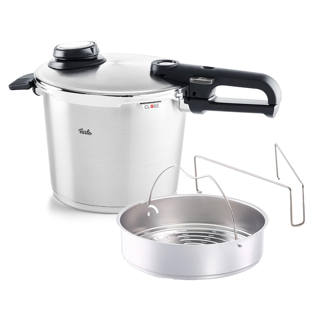Schnellkochtopf 6 L Ø 22 cm aus Edelstahl mit 4 Garstufen inkl. Dampfgarstufe und Einsatz, induktionsgeeignet