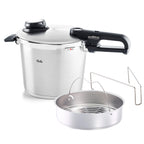 Schnellkochtopf 6 L Ø 22 cm aus Edelstahl mit 4 Garstufen inkl. Dampfgarstufe und Einsatz, induktionsgeeignet
