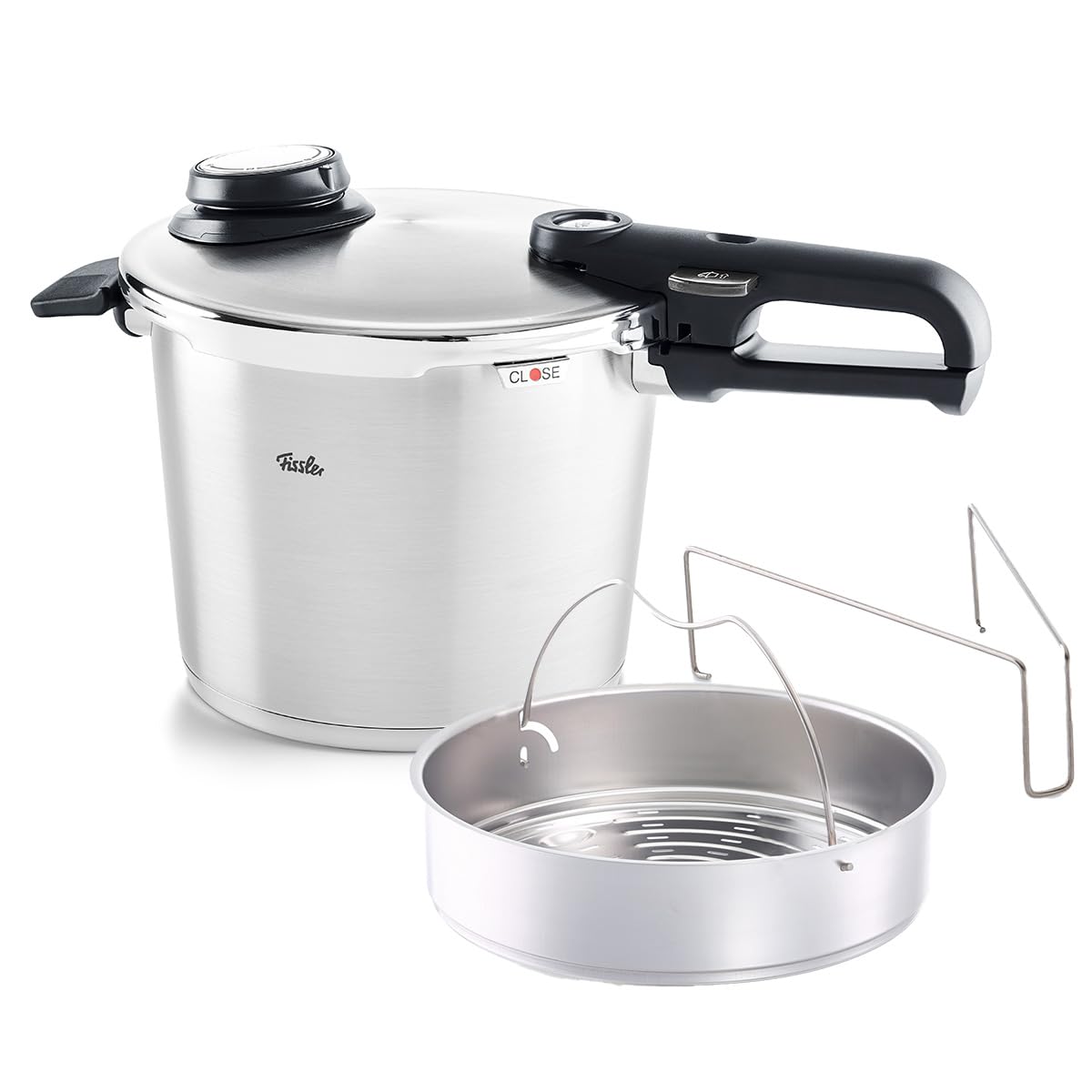 Schnellkochtopf 6 L Ø 22 cm aus Edelstahl mit 4 Garstufen inkl. Dampfgarstufe und Einsatz, induktionsgeeignet