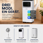 Mobile Klimaanlage 9000 BTU mit Luftentfeuchter und Ventilator, 3-in-1 Klimagerät für Räume bis 20 m², mit Abluftschlauch, Schiebefenster-Adapter