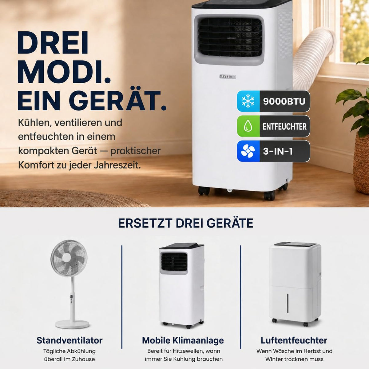 Mobile Klimaanlage 9000 BTU mit Luftentfeuchter und Ventilator, 3-in-1 Klimagerät für Räume bis 20 m², mit Abluftschlauch, Schiebefenster-Adapter