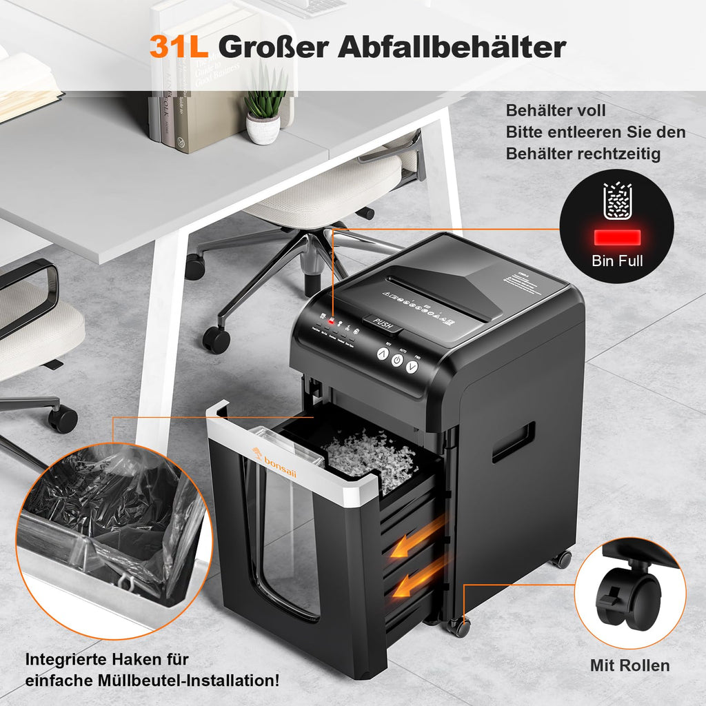 Aktenvernichter mit Auto-Feed für 200 Blatt, P-4 Mikroschnitt, 31 L Behälter, schwarz