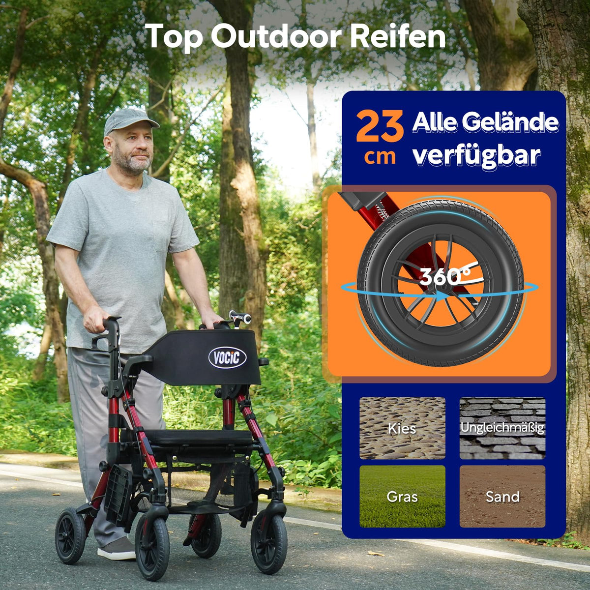 2-in-1 Rollstuhl Rollator faltbar aus Aluminium mit Sitz und Outdoor-Gummireifen, roter Gehwagen bis 136 kg
