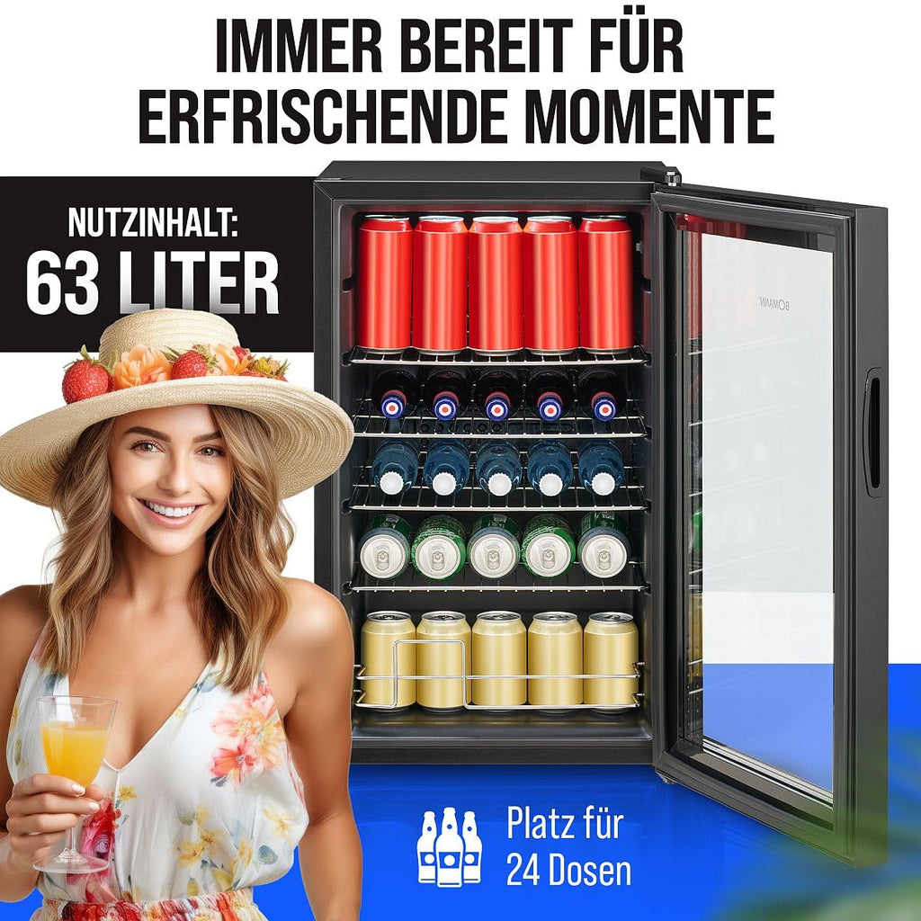 Flaschenkühlschrank 63 L mit Glastür, bis zu 89 Dosen, 4 Ablagen, LED-Beleuchtung, KSG 7287