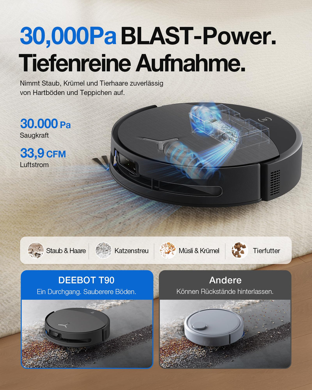 Saugroboter mit Wischfunktion T90 PRO Omni, 30.000 Pa, PowerBoost, OZMO Roller 3.0, automatische Entleerung, Schwarz