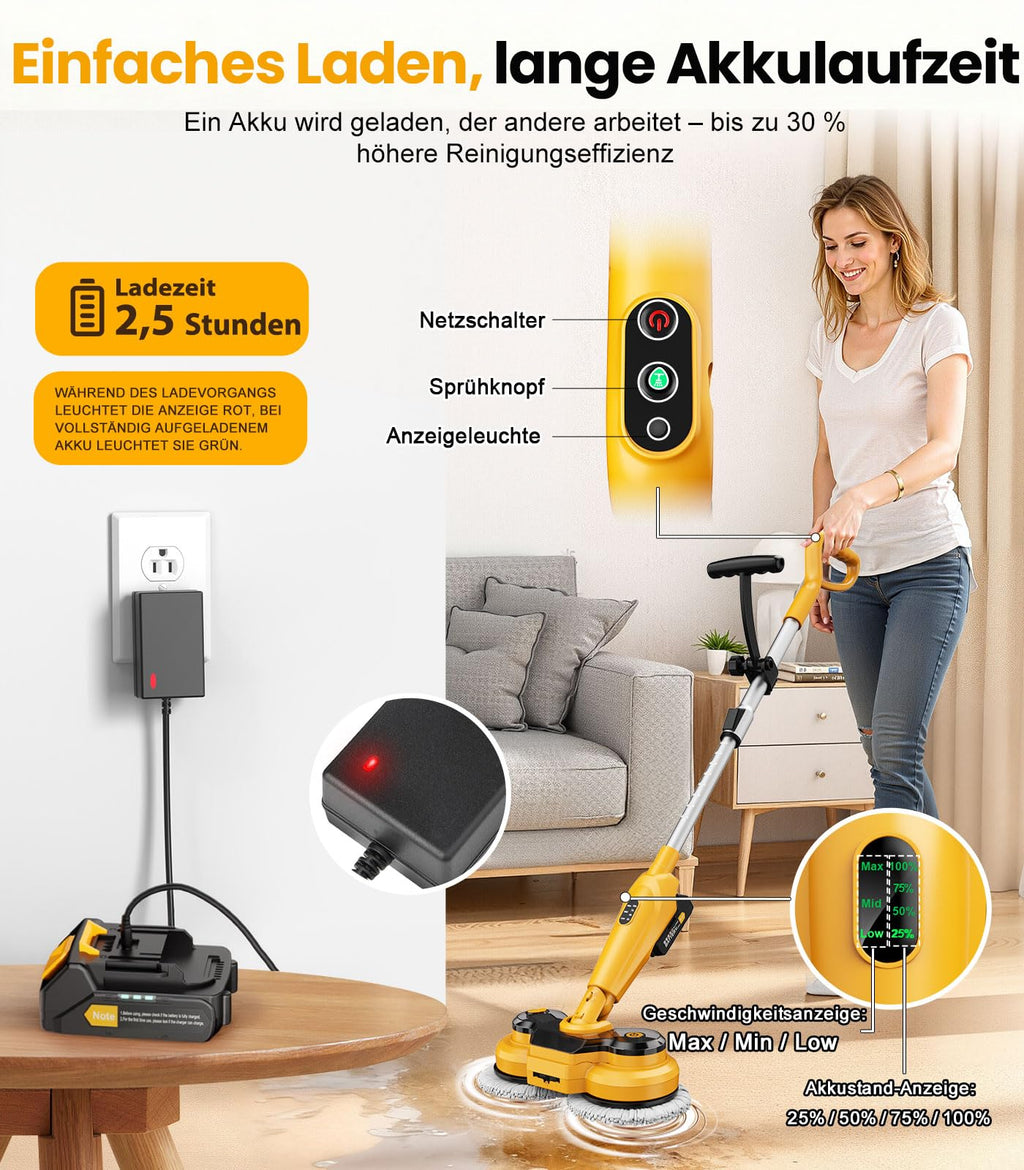 Elektrischer Wischmopp M3 Pro mit 2 Akkus 800 U/min 300 ml Wassertank LED-Licht und 3 Geschwindigkeitsstufen