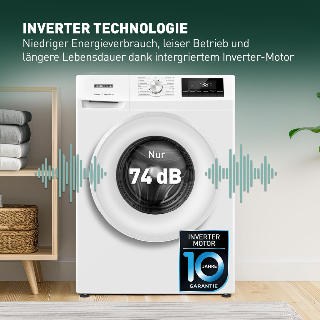 Waschmaschine 8 kg 1400 U/min 15 Programme AquaStop Inverter-Motor LED-Display Steam-Funktion Energieeffizienzklasse A Weiß