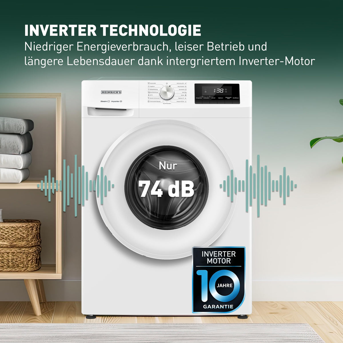 Waschmaschine 8 kg 1400 U/min 15 Programme AquaStop Inverter-Motor LED-Display Steam-Funktion Energieeffizienzklasse A Weiß