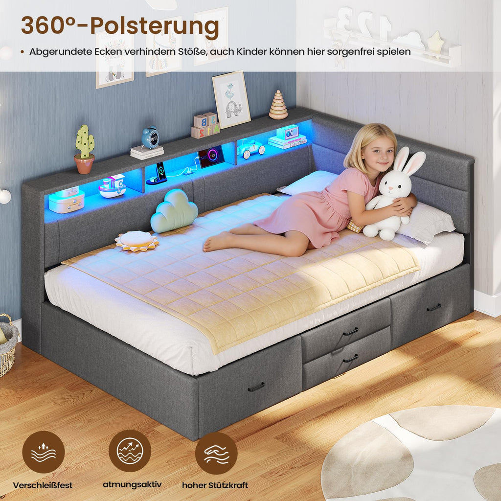 Polsterbett 90x200 cm mit LED-Beleuchtung USB-Ladestationen Stauraum und 4 Schubladen Dunkelgrau