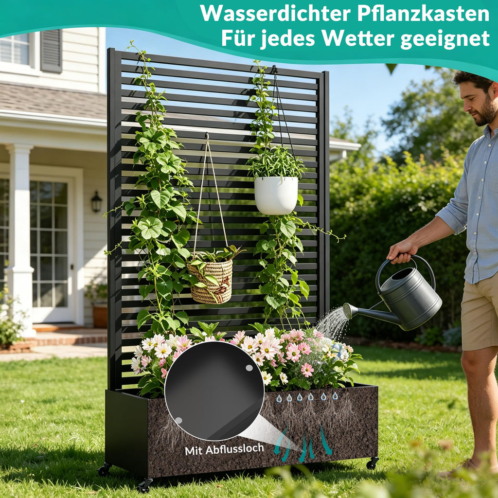 Hochbeet aus Metall mit Spalier und Rädern für Außenbereich, Pflanzkasten mit Entwässerungslöchern für Blumen und Gemüse