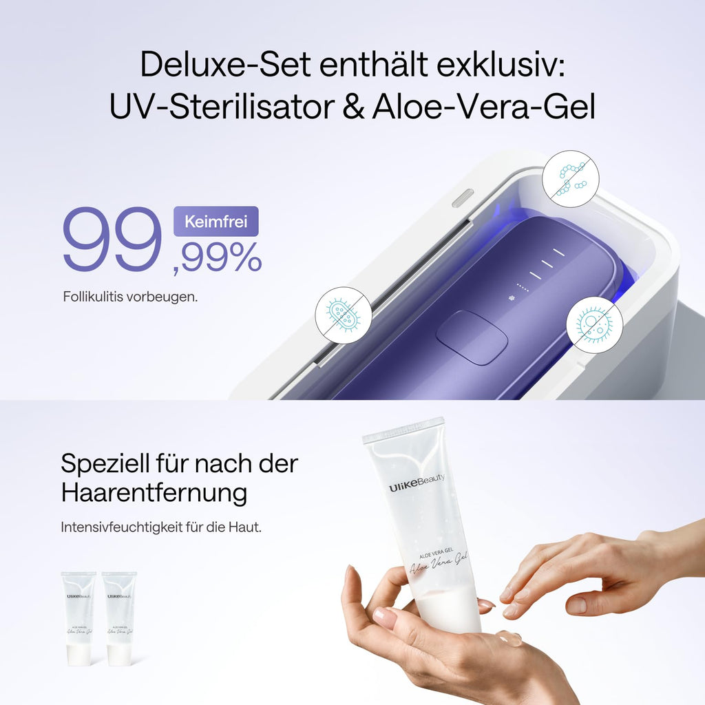 IPL-Haarentfernungsgerät für Gesicht und Körper mit Saphir-Eiskühlung, UV-Sterilisator und Aloe Vera Gel