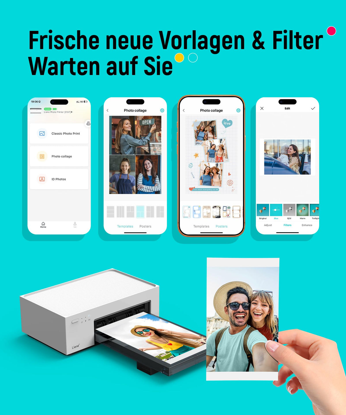 Tragbarer Fotodrucker für Smartphone und PC mit WLAN, 10x15 cm, Farbstoffsublimation, 300 DPI, inkl. 100 Blatt Fotopapier und 3 Patronen
