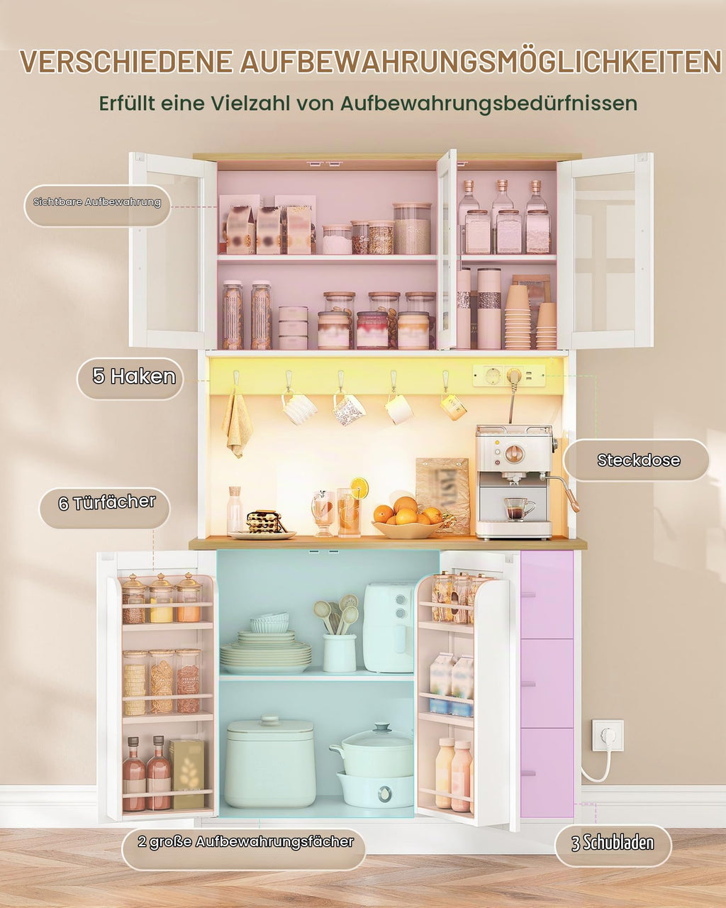 Buffetschrank Küchenschrank mit 3 Glastüren, 3 Schubladen und 6 Ablagen hinter den Türen, 100 cm breit