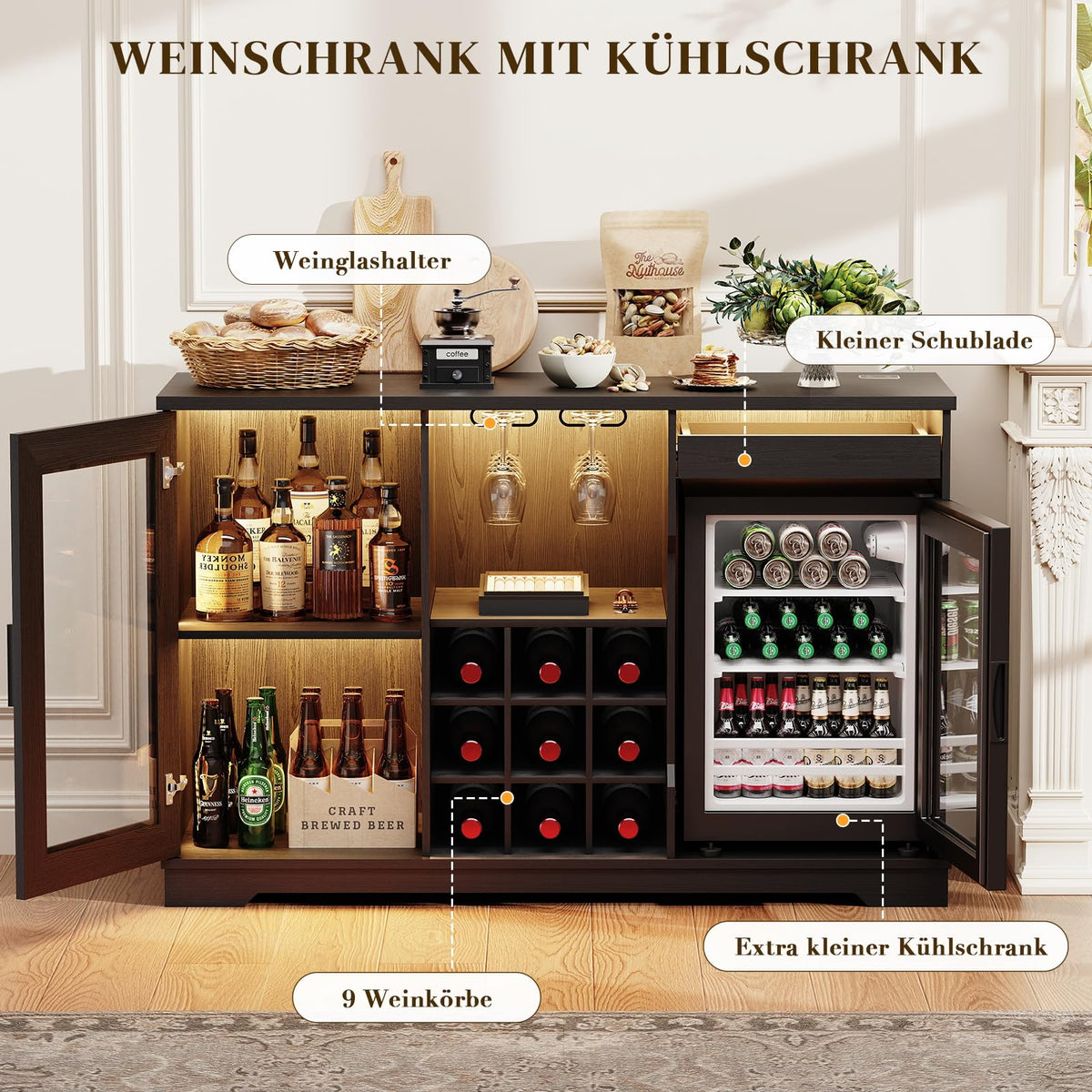 Barschrank mit Kühlschrank in Schwarz, 120 cm breit mit 9 Weinregalen, LED-Beleuchtung und Bewegungssensor
