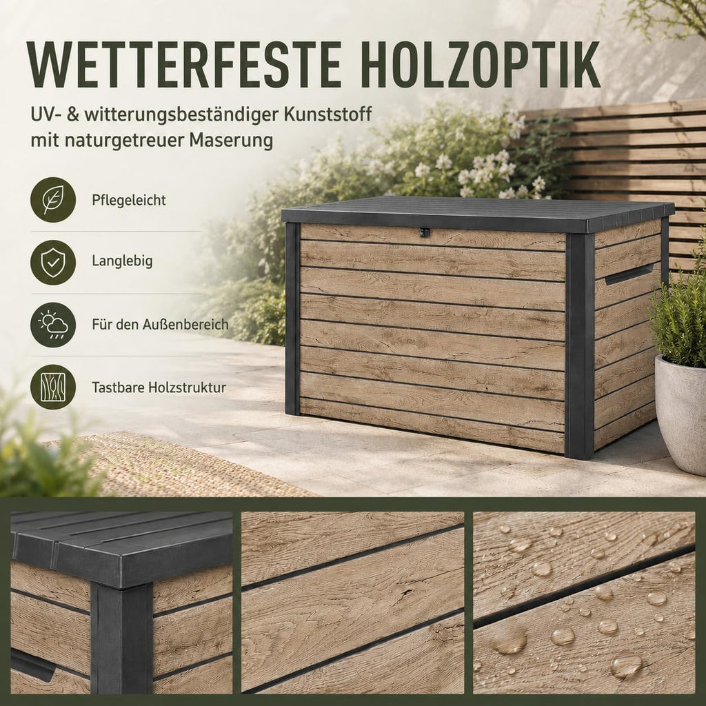 Gartenbox 870 L aus Kunststoff in Holzoptik Pinie, 147 x 83 x 86 cm, mit Gasdruckfedern und abschließbarem Deckel
