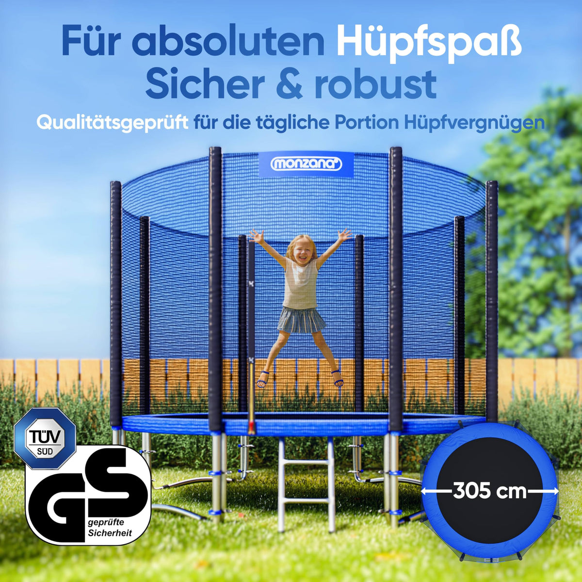 Trampolin Ø 305 cm Komplettset mit Sicherheitsnetz, Leiter und Randabdeckung, TÜV SÜD GS zertifiziert