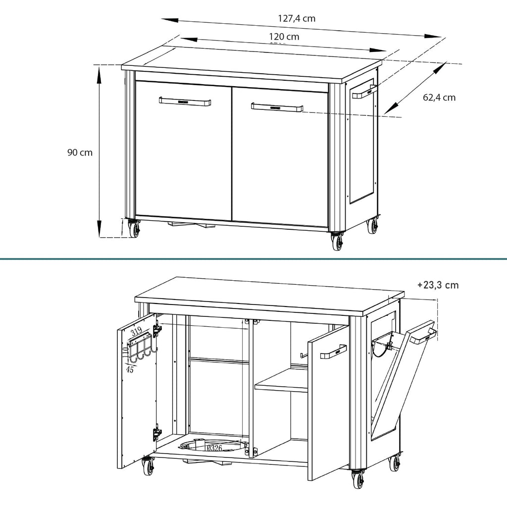 Outdoor-Gartenschrank mit Edelstahl-Arbeitsplatte, 2 Türen und 4 Rollen, 127 x 67 x 90 cm