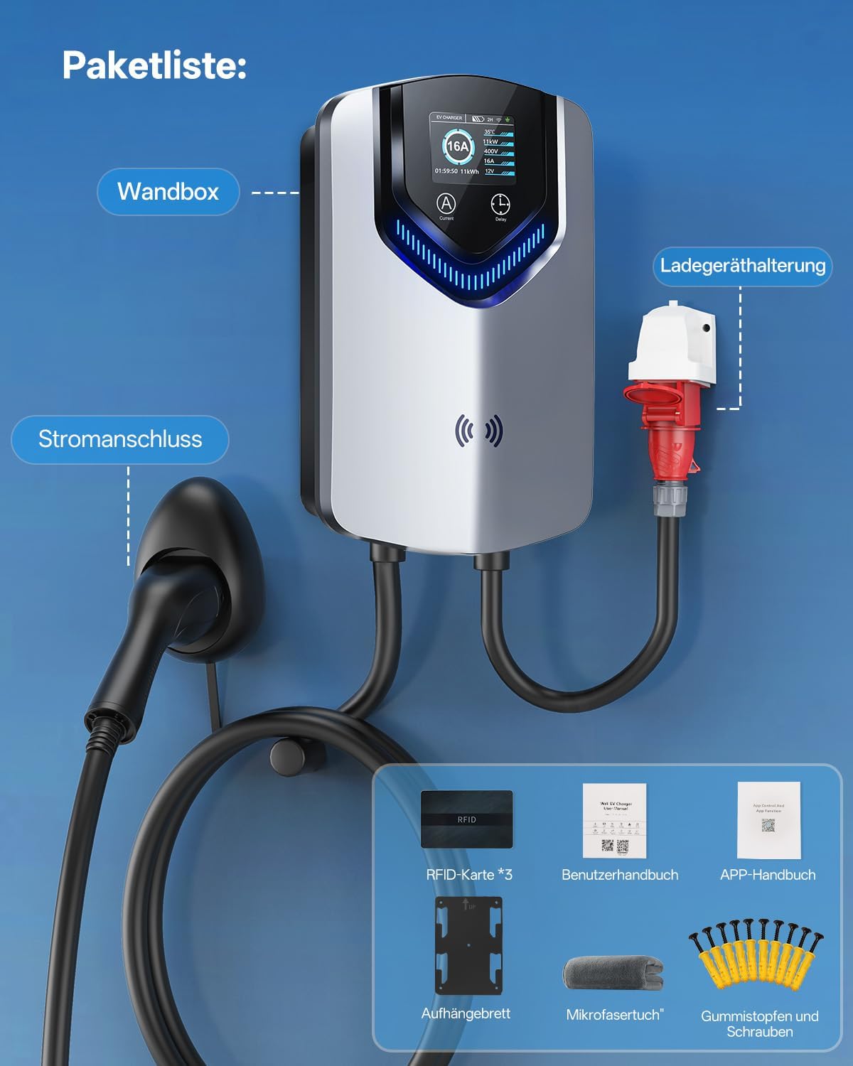 Wallbox 11 kW 400 V 3-phasig mit 8 m Typ-2-Kabel WLAN App-Steuerung RFID und einstellbarem Ladestrom 6–16 A