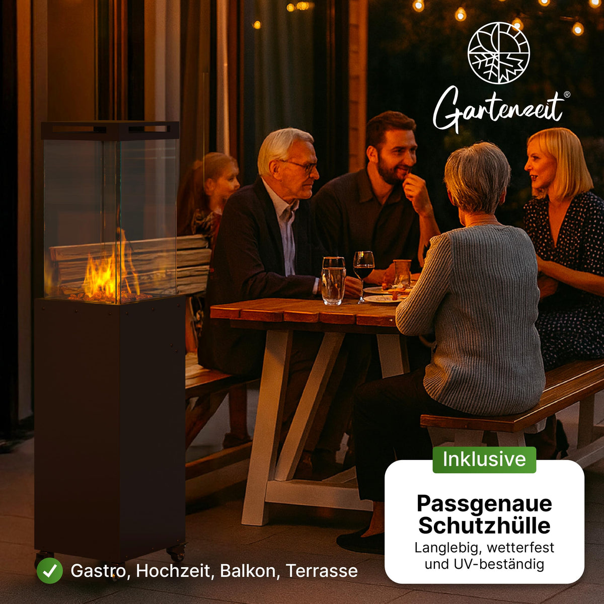 Gas-Terrassenheizer mit Glaszylinder, 8 kW Heizpilz für Terrasse und Garten mit Kippschutz, Flammensensor und Abdeckung, 36 × 36 × 140,5 cm