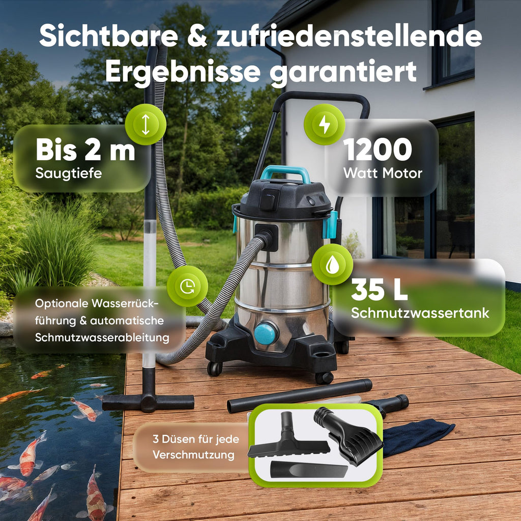 Teichsauger Schlammsauger 1200 Watt mit 35 Liter Behälter und Wasserrückführung inkl. Abpumppumpe und 3 Aufsätzen