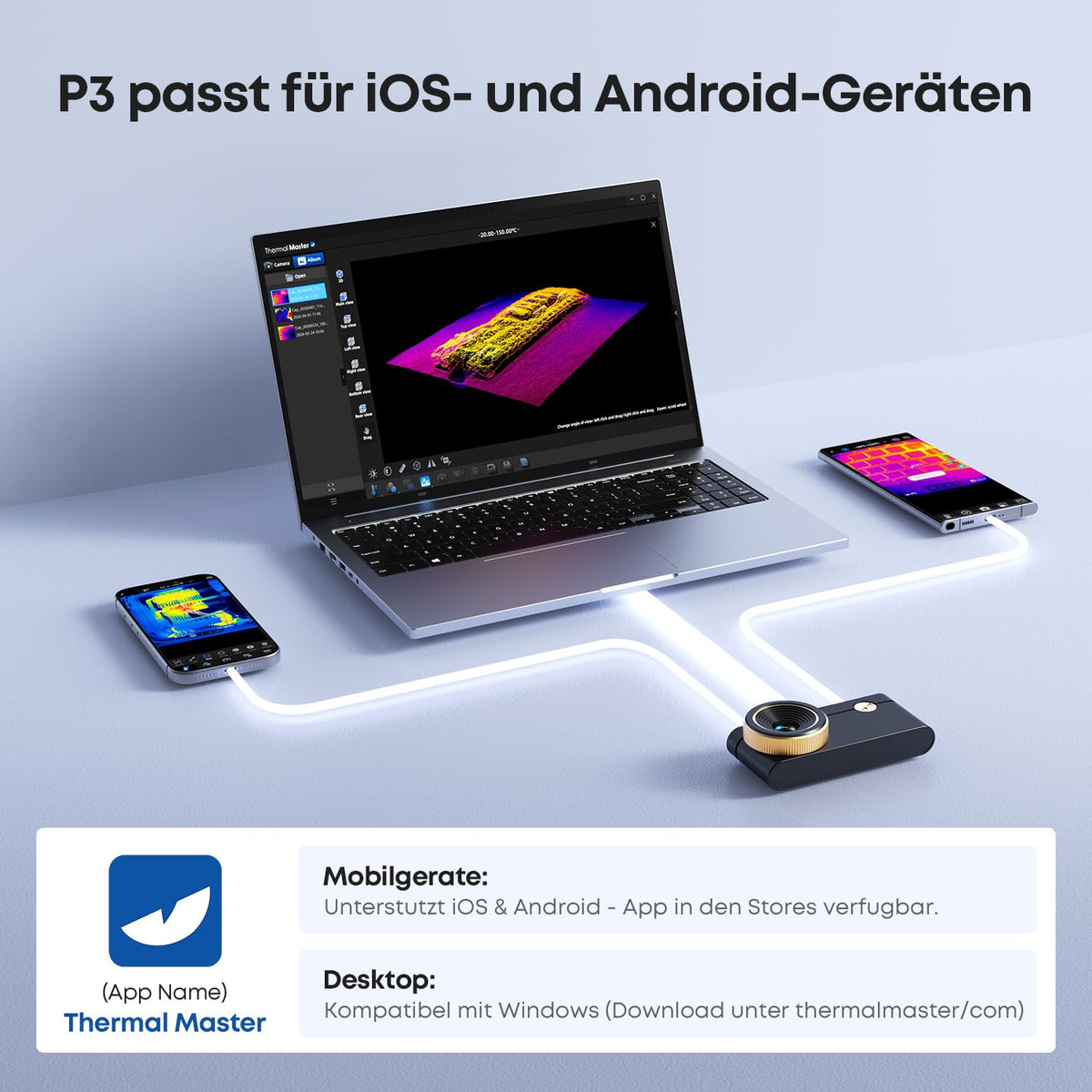 Wärmebildkamera P3 für iPhone und Android mit einstellbarem Objektiv 512 × 384 Superauflösung
