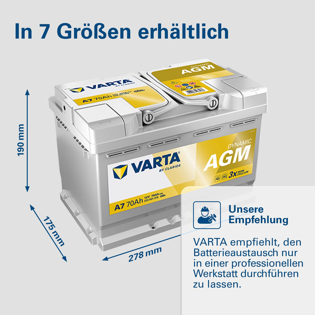 AGM Autobatterie 12V 70Ah 760A für Start-Stopp und xEV, wartungsfreie Starterbatterie