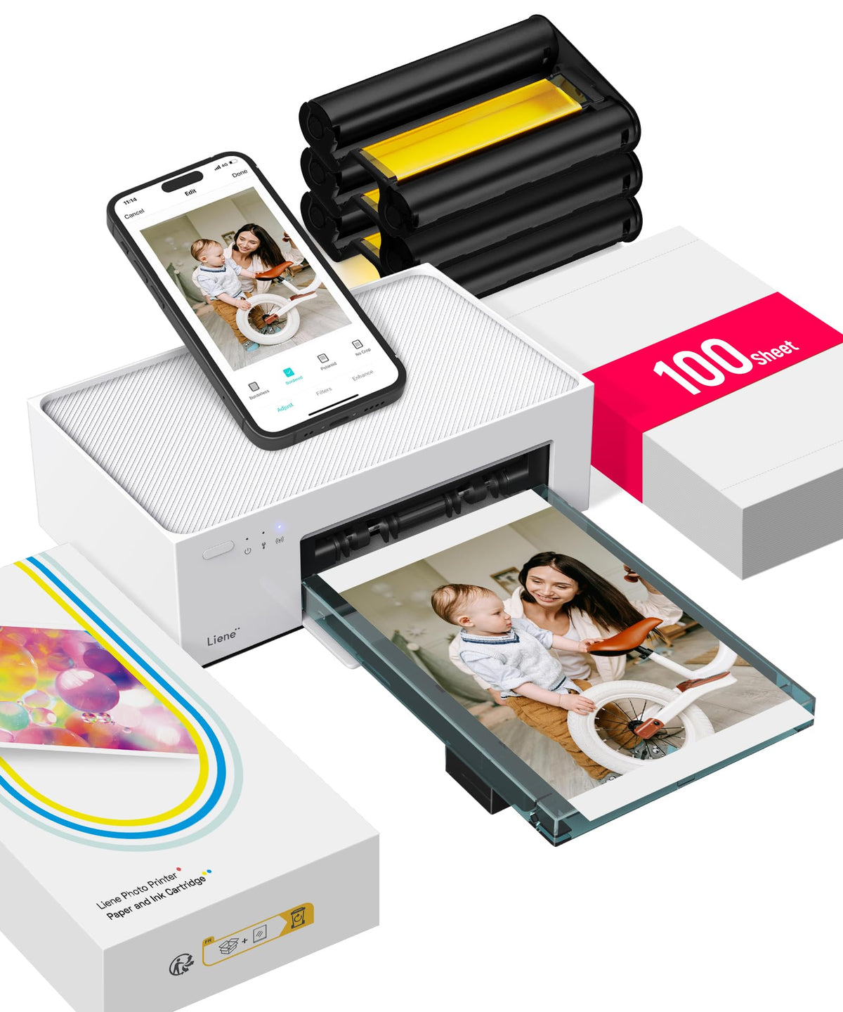 Tragbarer Fotodrucker für Smartphone und PC mit WLAN, 10x15 cm, Farbstoffsublimation, 300 DPI, inkl. 100 Blatt Fotopapier und 3 Patronen