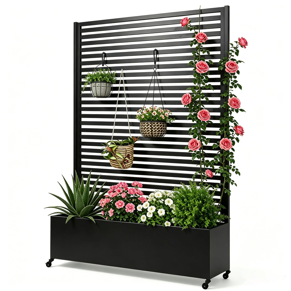 Hochbeet aus Metall mit Spalier und Rädern für Außenbereich, Pflanzkasten mit Entwässerungslöchern für Blumen und Gemüse