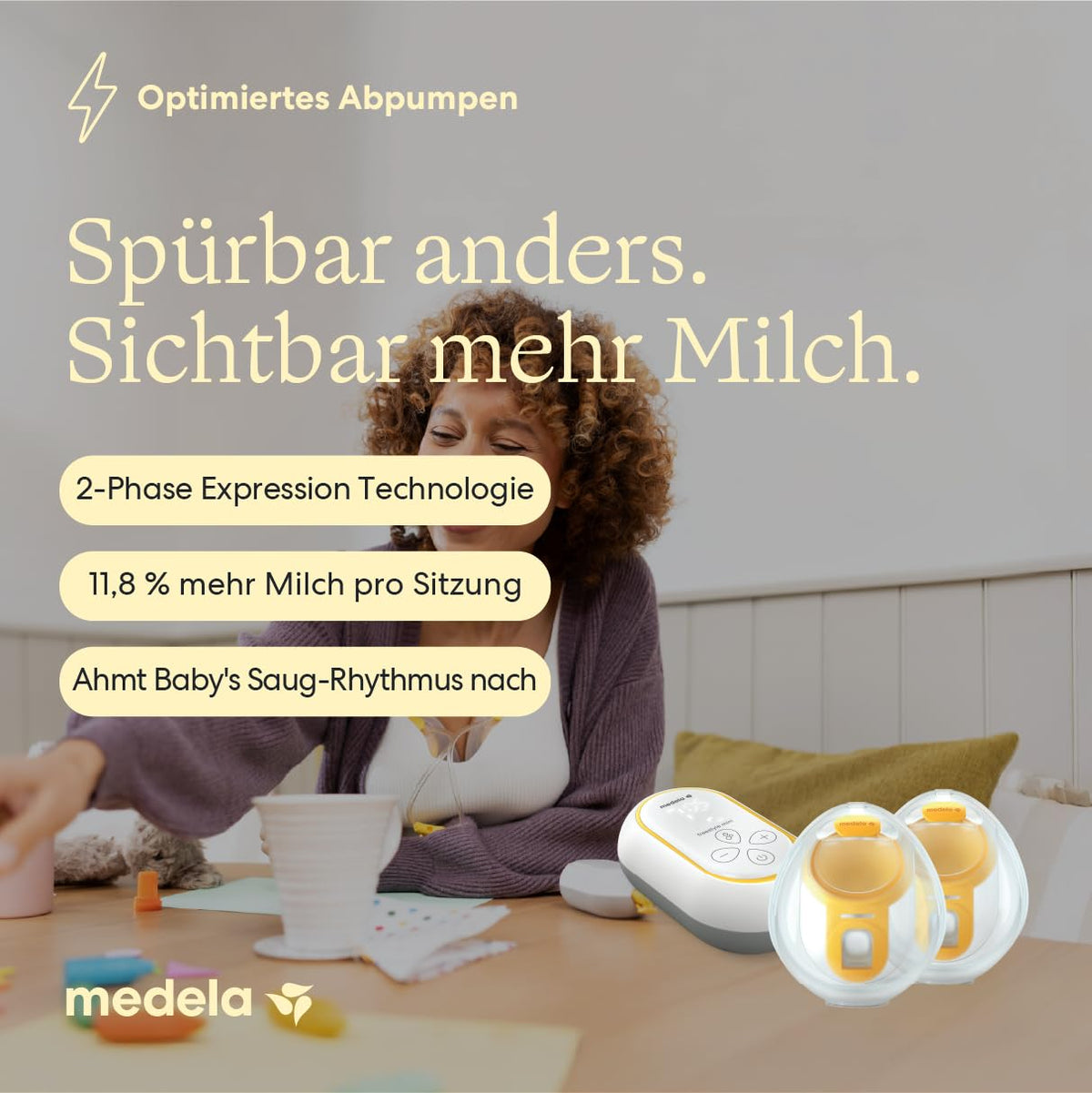 Tragbare elektrische Doppelmilchpumpe Freestyle Mini Hands-Free mit Auffangschalen und wiederaufladbarem Akku