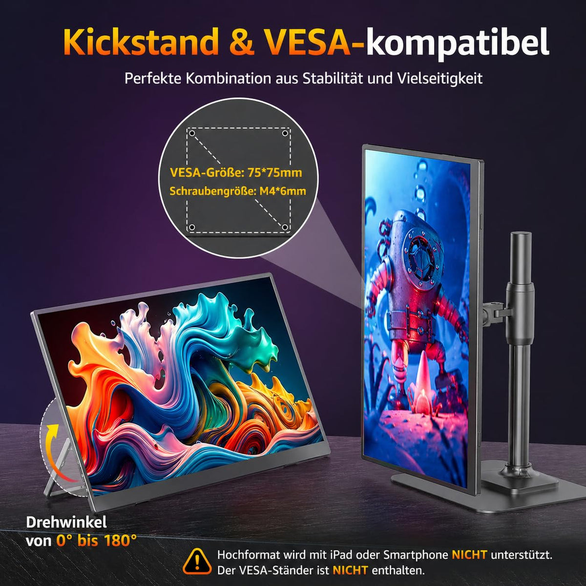 18,5 Zoll Tragbarer Monitor 1080P FHD IPS mit 100 Hz, 120 % sRGB, Lautsprechern, HDMI und USB-C für Laptop, MacBook, Surface, PC, Xbox, PS4/5