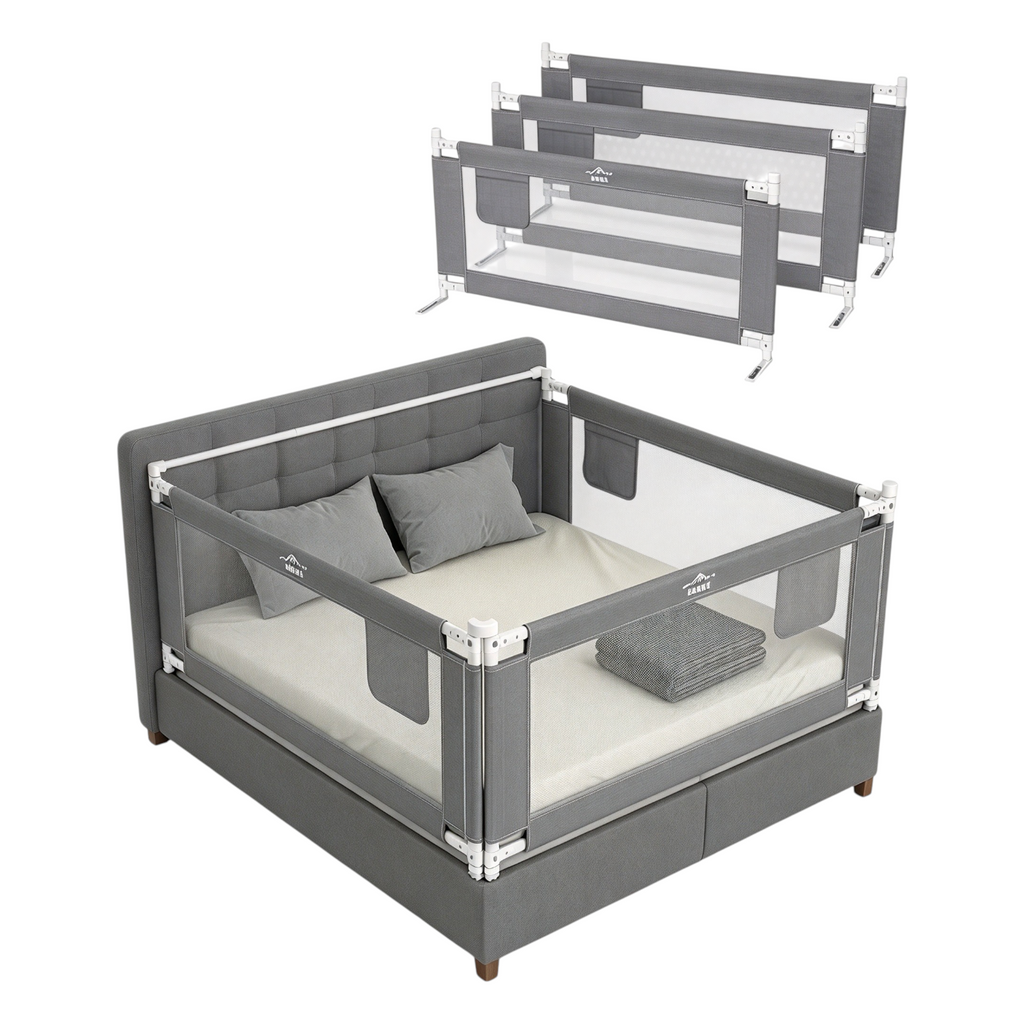 Bettgitter Rausfallschutz für Boxspringbett 180x200 cm, 3-Seiten-Komplettset mit Stange, höhenverstellbar 74-95 cm, grau