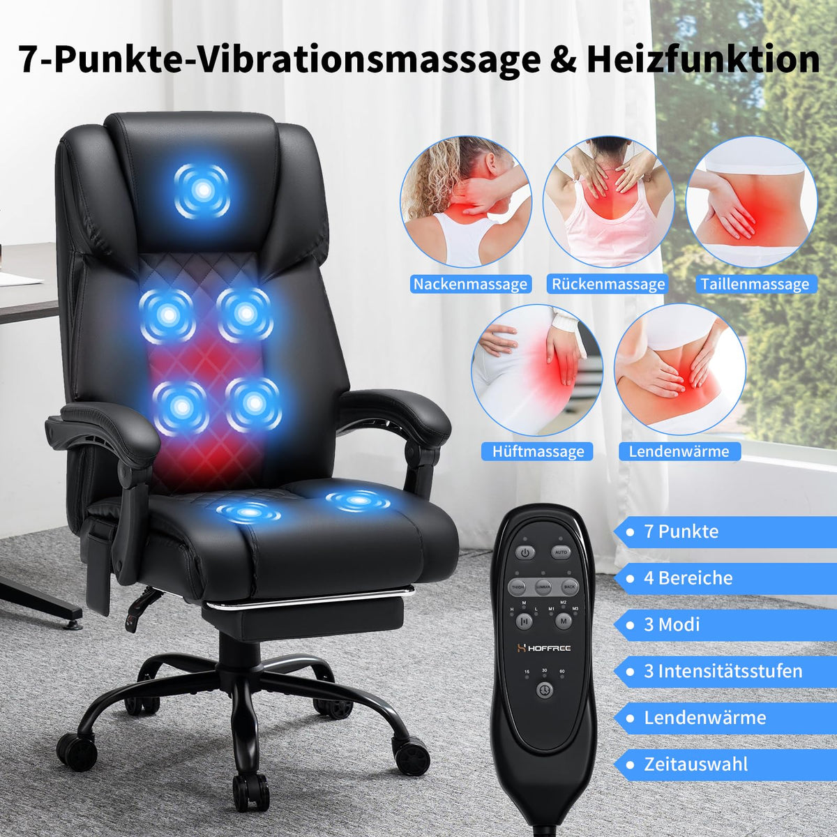 Ergonomischer Bürostuhl mit Massage- und Heizfunktion, schwarzer Chefsessel bis 200 kg mit Fußstütze und 135° neigbarer Rückenlehne