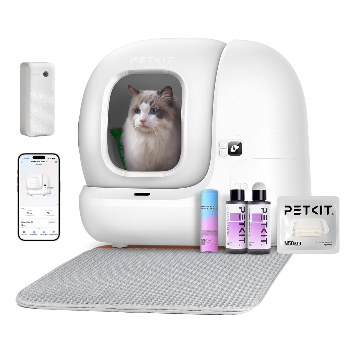 Selbstreinigende Katzentoilette Pura Max 2 mit 76 l und 7 l Abfallbehälter, XSecure Sicherheitssystem sowie App-Steuerung für mehrere Katzen