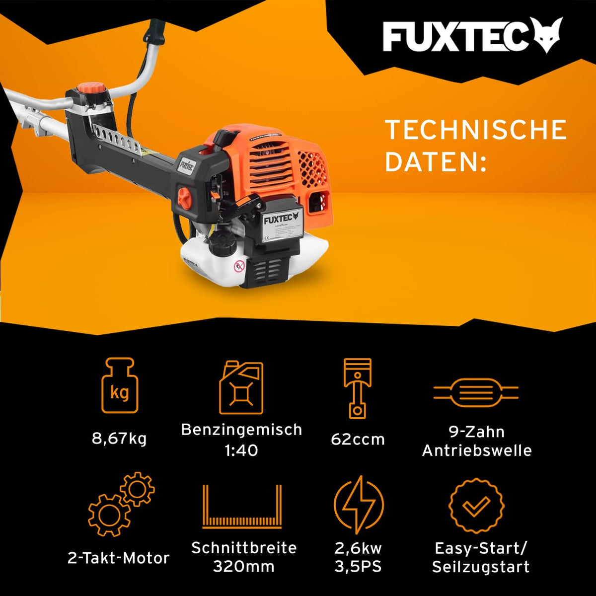 Benzin Motorsense 62 ccm 3,5 PS mit Antivibrationssystem, 2-Takt, 32 cm Schnittbreite, inkl. 3-Zahn-Messer und Doppelfadenkopf
