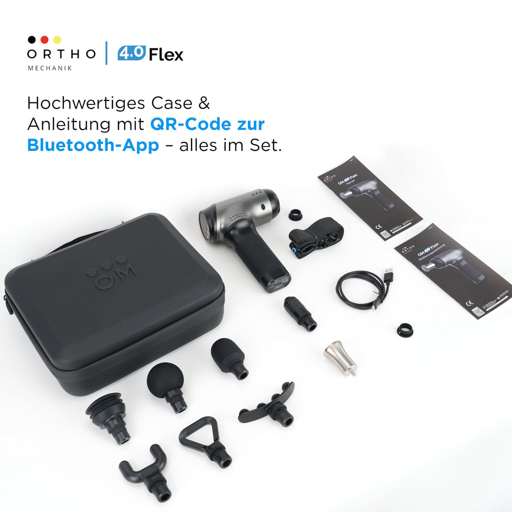 Massagepistole mit variabler Amplitude 8–12 mm und interaktiver App, 8 Aufsätzen und 4000 mAh Akku
