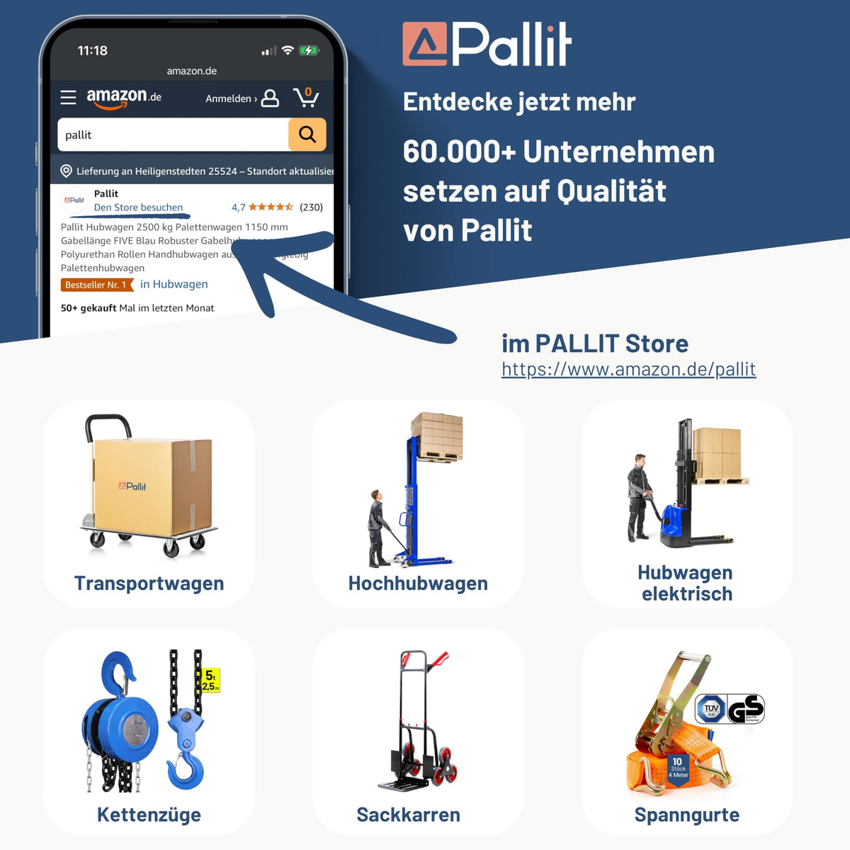 Hubwagen 2500 kg aus Stahl mit 1150 mm Gabellänge und Polyurethan-Lenkrädern für Euro-Paletten