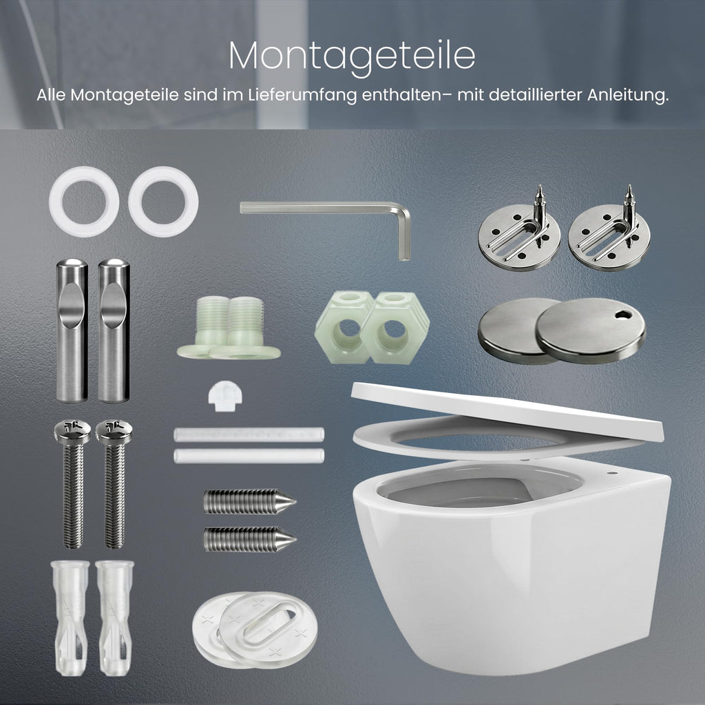 Hänge-WC spülrandlos mit 360° Tornado-Spülung, 3–4,5 l Wasserverbrauch, 58 dB leise und Soft-Close-Absenkautomatik, weiß